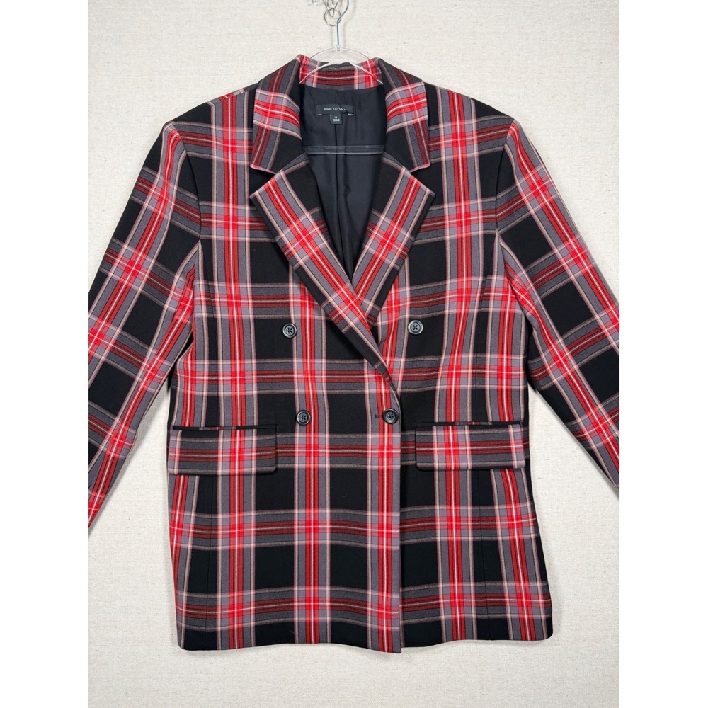Ann Taylor Red Black Plaid Double Breasted Blazer Jacket Womens Size 12